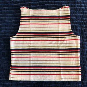 St. John Sport boat neck knit shell, striped off-white, black, red, yellow